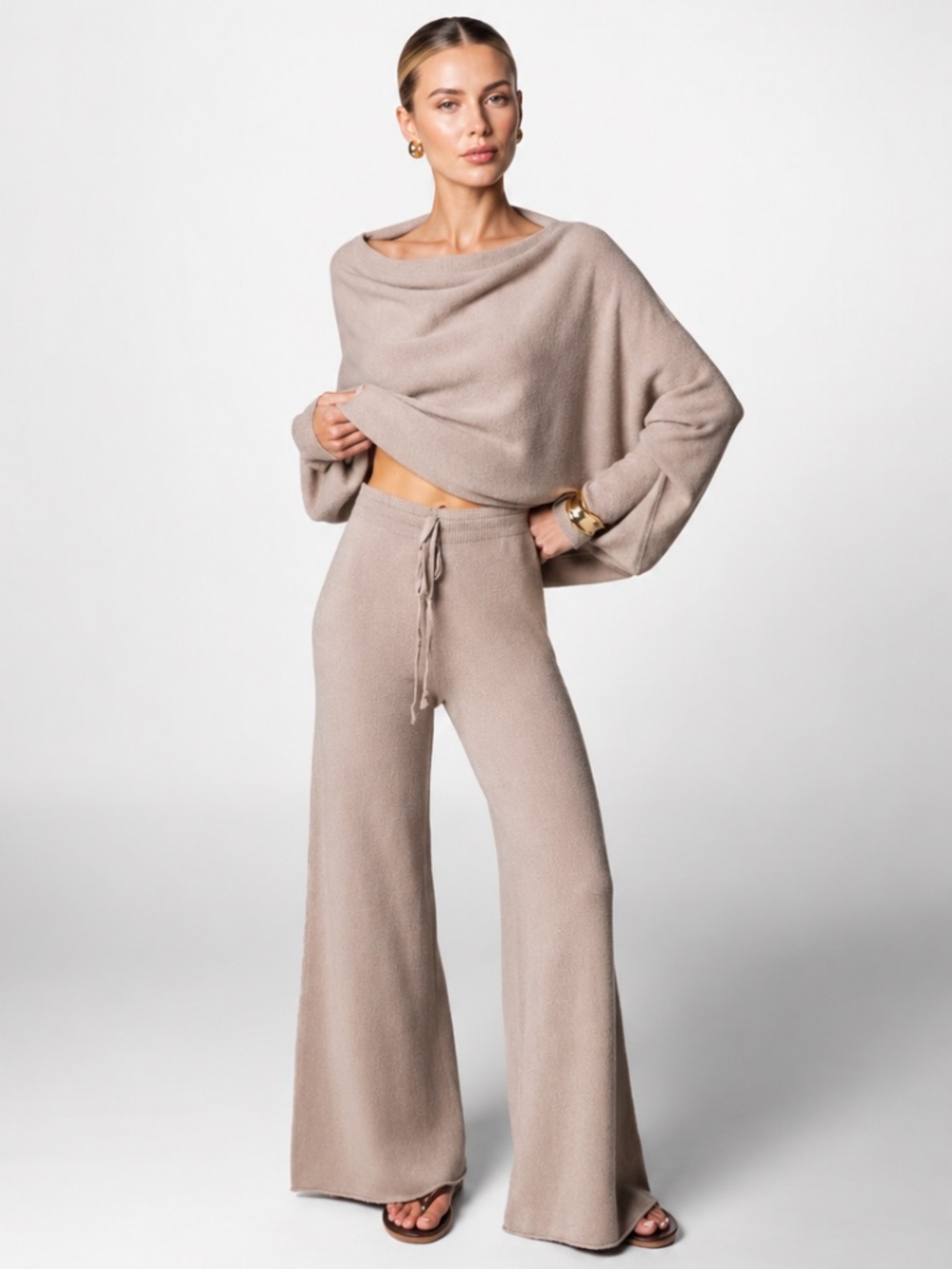 JAKI London Relaxed Wide Leg Knit Pants Mocha S/M